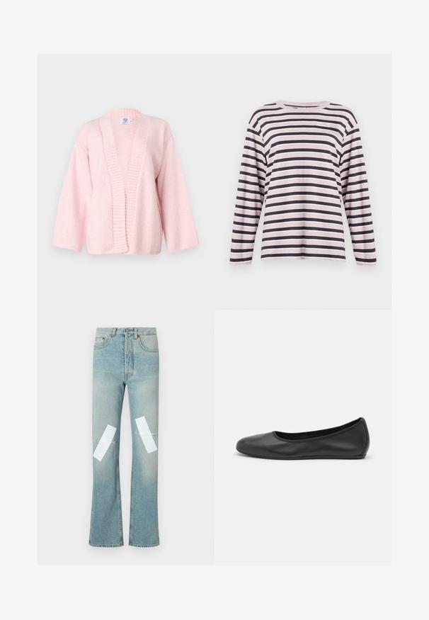 Cardigan rose clair en tissu doux et texturé. Présente une large ouverture à l'avant, des bords côtelés et des manches à longueur de coude. Sans fermetures.; Chemise à manches longues, rayée rose et marine, en coton, col rond, avec un petit logo brodé sur la partie gauche de la poitrine.; Jean en denim bleu clair avec une coupe évasée, présentant des taches blanches sur les genoux et une légère abrasion le long des bords.; Ballerines en cuir noir avec un bout rond, texture lisse, détails de couture minimalistes et design de semelle flexible.