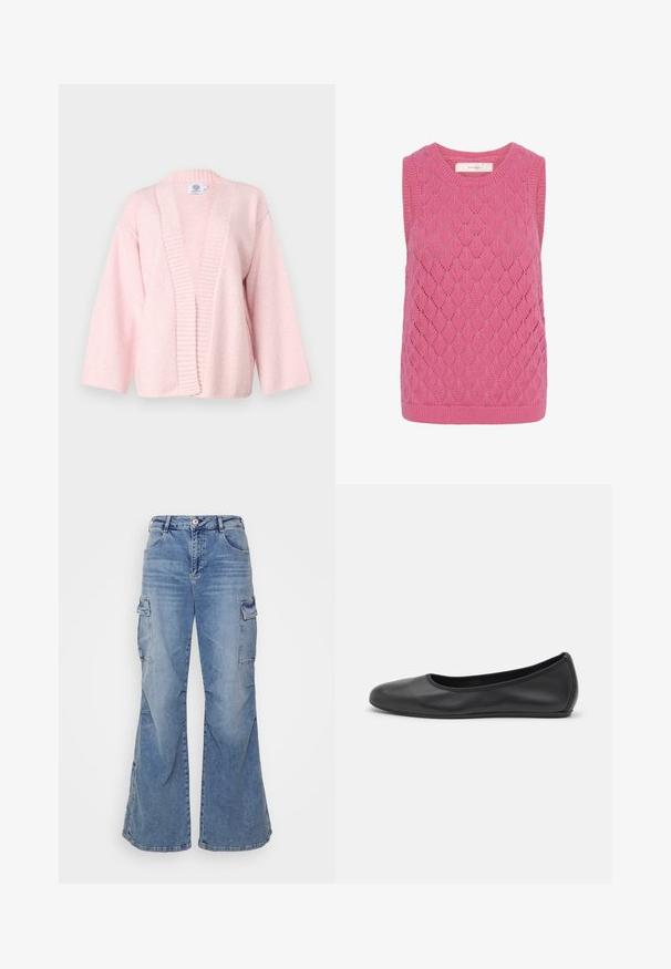 Cardigan rose clair en tissu doux et texturé. Présente une large ouverture à l'avant, des bords côtelés et des manches à longueur de coude. Sans fermetures.; Veste en tricot sans manches rose avec motif en losange en maille torsadée et col et ourlet en côte.; Pantalons cargo en denims bleu clair avec des jambes larges évasées, plusieurs poches latérales et une taille classique avec fermeture éclair et bouton.; Ballerines en cuir noir avec un bout rond, texture lisse, détails de couture minimalistes et design de semelle flexible.