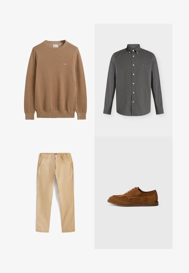 Pull en tricot brun avec un motif texturé, col rond et manches longues. Présente un petit logo brodé sur la poitrine.; Chemise homme à manches longues avec petit motif à carreaux noir et blanc et petit logo brodé sur la poitrine.; Pantalon beige à jambes droites avec poches avant, passants de ceinture, bouton et fermeture éclair, présenté sur un fond blanc.; Chaussure en daim marron avec un bout arrondi, des coutures décoratives et six œillets de lacets contrastants. Semelle plate et design minimaliste.