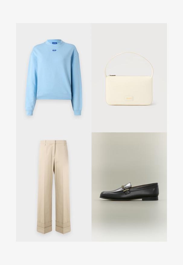 Sweatshirt bleu clair avec un col rond, des manches et un ourlet côtelés, présentant une petite étiquette logo bleue à l'avant. Tissu doux et lisse.; Pantalons beige avec une coupe droite, dotés d'un double revers au bas et d'un design à plat à l'avant. Fabriqués en tissu lisse et durable.; Mocassin en cuir noir avec dessus argenté, détail de chaîne dorée, petit talon et bout arrondi sur fond neutre.; Sac à main rectangulaire de couleur crème avec une seule sangle et une fermeture éclair sur le dessus, comportant une petite plaque de logo embossé à l'avant.