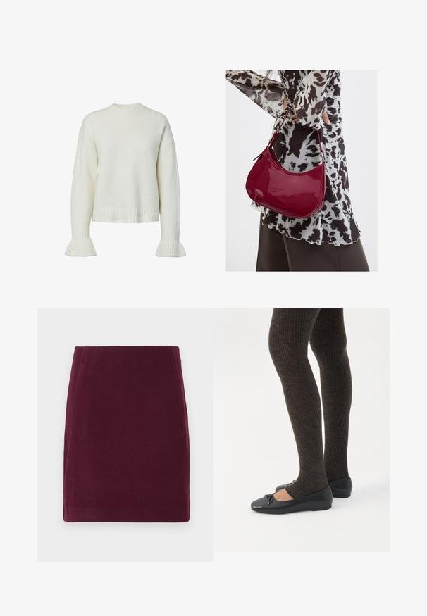 Pull blanc en tricot avec texture côtelée, col rond et manches évasées. Longueur raccourcie avec une coupe décontractée.; Vero Moda VMFORTUNALLISON SHORT - Jupe trapèze - winetasting; Jambes portant des leggings côtelés foncés associés à des ballerines noires avec de petits détails en nœud sur fond blanc.; Femme portant un chemisier à motif noir et blanc tenant un sac à main rouge brillant sur un fond uni.