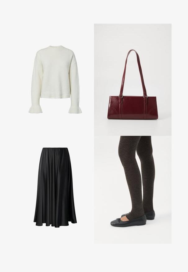 Pull blanc en tricot avec texture côtelée, col rond et manches évasées. Longueur raccourcie avec une coupe décontractée.; Jupe maxi noire en tissu lisse, dotée d'une taille élastique, d'une silhouette ample et d'un ourlet fluide sans motifs ni détails visibles.; Jambes portant des leggings côtelés foncés associés à des ballerines noires avec de petits détails en nœud sur fond blanc.; Sac à main bordeaux en matériau brillant, de forme rectangulaire, avec deux anses et des accents légèrement courbés à l'avant.