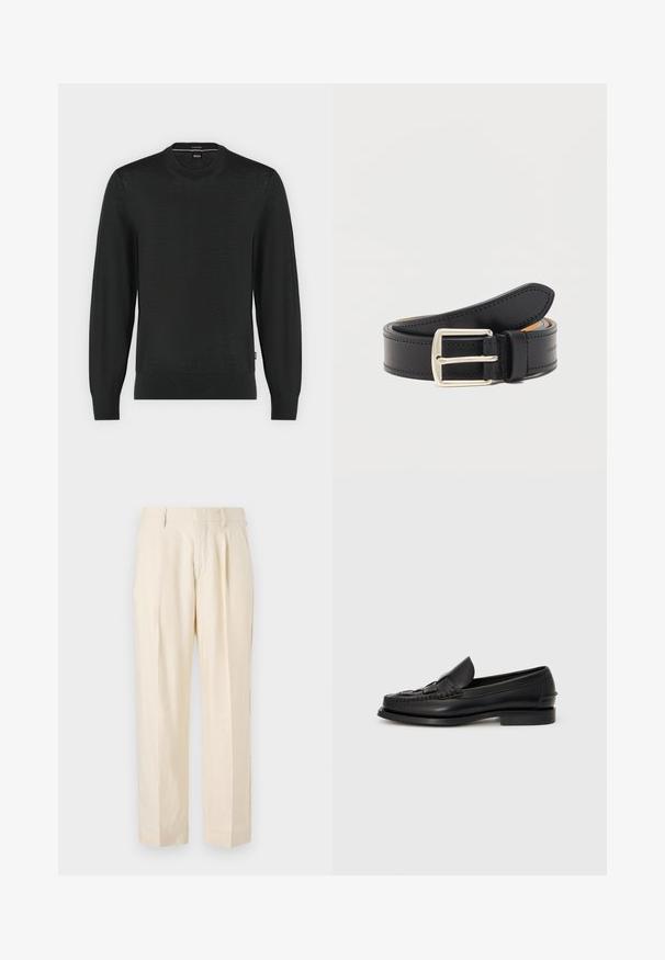 Pull noir à manches longues avec col rond, poignets et ourlet côtelés, en tissu tricot léger.; NN.07 KAY - Pantalon classique - off white; Mocassin en cuir noir avec un détail tissé à l'avant, bout arrondi et petit talon. Texture lisse et design minimaliste.; Ceinture en cuir noir avec boucle rectangulaire argentée, enroulée avec des coutures visibles le long des bords sur un fond blanc uni.