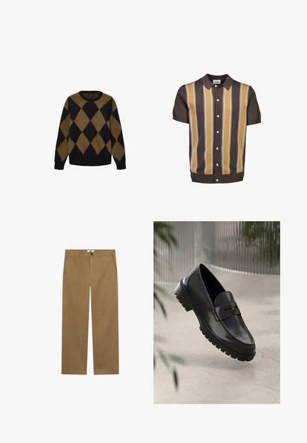 Sort og brun argyle-mønster cardigan lavet af fluffy strikmateriale. Rund halsudskæring og lange ærmer; blød tekstur med en afslappet pasform.; Kortærmet polo i mørkebrun med lodrette striber i sennepsgul og hvid, med krave og knaplukning.; Brune bomuldschinos med lige snit, der har frontlommer, knaplukning og en ren finish. Tekstilen har en glat struktur.; Brune læder loafers med en tekstureret, rippet gummisål. Har et slankt design og et dekorativt bånd over vristen.