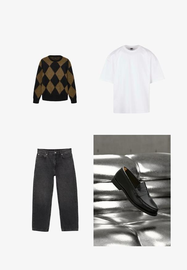 Pull en argyle noir et marron en maille pelucheuse. Encolure ronde et manches longues ; texture douce avec une coupe décontractée.; T-shirt blanc à manches courtes avec un col rond, en coton, présentant une coupe décontractée et des détails de couture minimaux.; Jean denim noir avec une coupe droite, cinq poches et des accents métalliques. Le tissu présente une finition subtilement texturée.; Mocassin en cuir noir flottant au-dessus d'un canapé en cuir argenté brillant matelassé à boutons dans un décor minimaliste.
