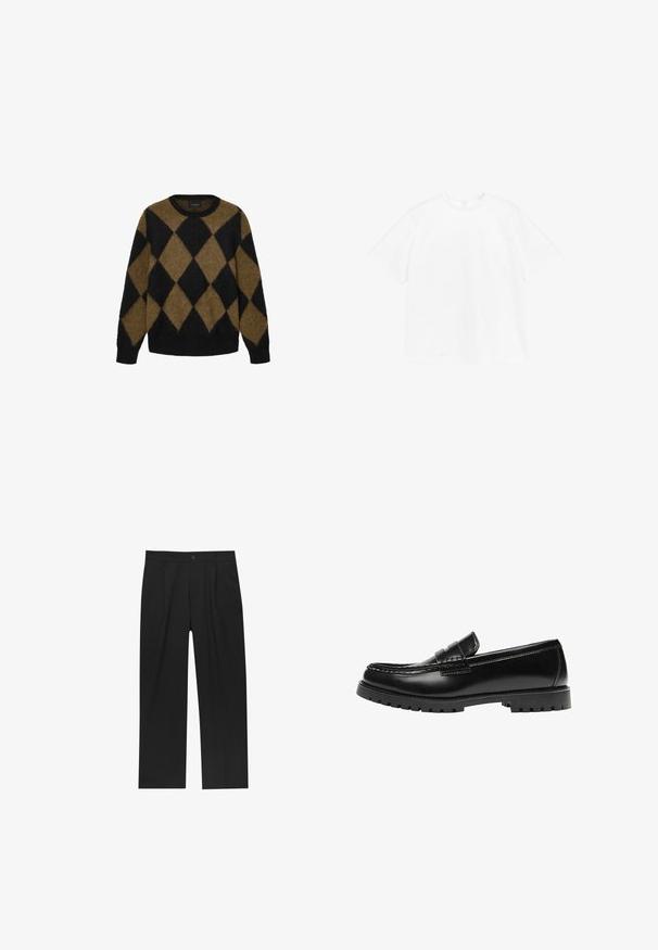 Sort og brun argyle-mønster cardigan lavet af fluffy strikmateriale. Rund halsudskæring og lange ærmer; blød tekstur med en afslappet pasform.; Kortærmet crewneck t-shirt i ensfarvet hvid bomuld. Standard pasform med et simpelt design og ingen synlige mønstre eller accenter.; Sorte bukser med lige ben, lavet af et glat stof. Har frontfolder og en enkelt knaplukning i taljen.; Sort læderloafer med en kraftig gummisål og klassiske penny-strap detaljer, vist fra ydersiden.