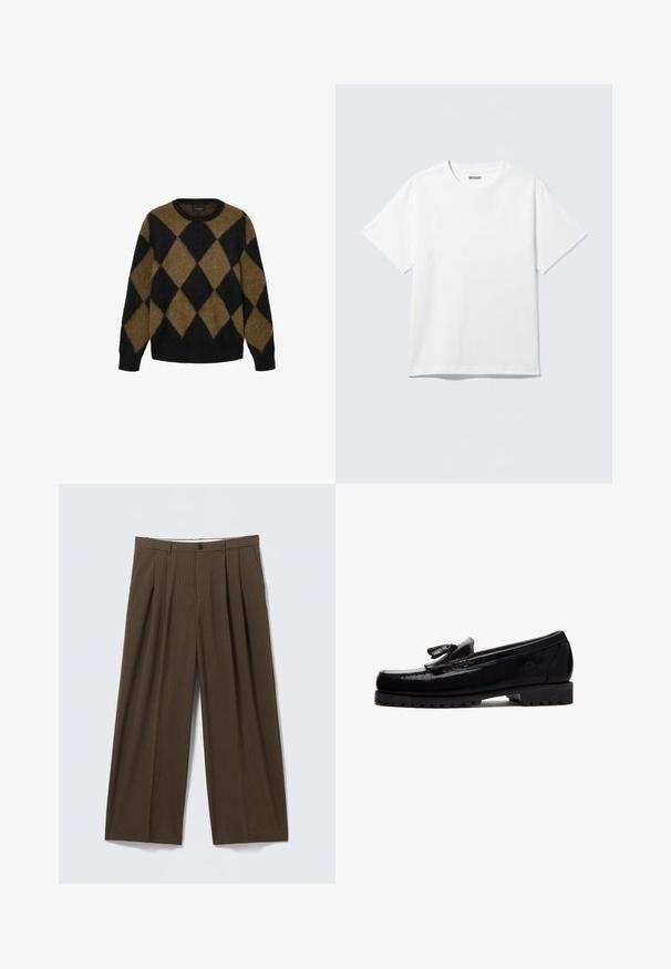 Sort og brun argyle-mønster cardigan lavet af fluffy strikmateriale. Rund halsudskæring og lange ærmer; blød tekstur med en afslappet pasform.; Hvid kortærmet crewneck T-shirt lagt fladt ud, ensfarvet design, med "WEEKDAY" mærkat inde i kraven på en lys baggrund.; Brune bukser med nålestriber og et vidbenet design, der har forreste folder, lukning med knapper og en glat tekstur.; Sort læderloafer med kvastdetalje, tyk robust sål og præget logo på siden, vist i profil mod hvid baggrund.