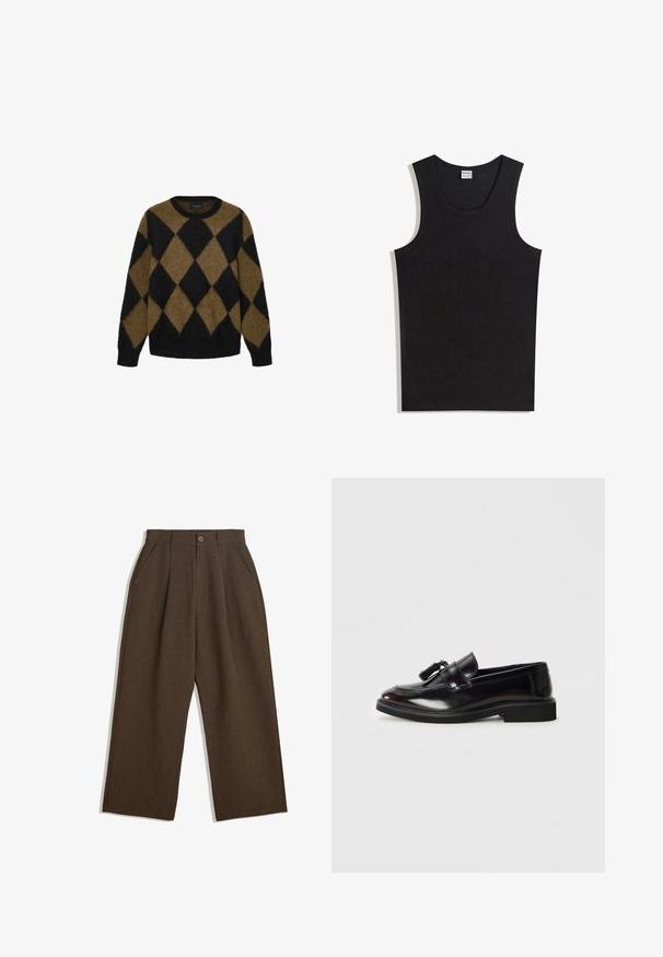 Sort og brun argyle-mønster cardigan lavet af fluffy strikmateriale. Rund halsudskæring og lange ærmer; blød tekstur med en afslappet pasform.; Sort tanktop lavet af bomuld med rund halsudskæring og ærmeløs design. Glat tekstur uden synlige mønstre eller accenter.; Brune, plisserede bukser med et vidde-design, der har en knaplukning og sidelommer, lavet af struktureret stof, der er egnet til afslappet brug.; Sorte læder loafers med en poleret finish, rund tå og dekorative kvaster. Har en lav, sort gummisål. Vist fra siden.