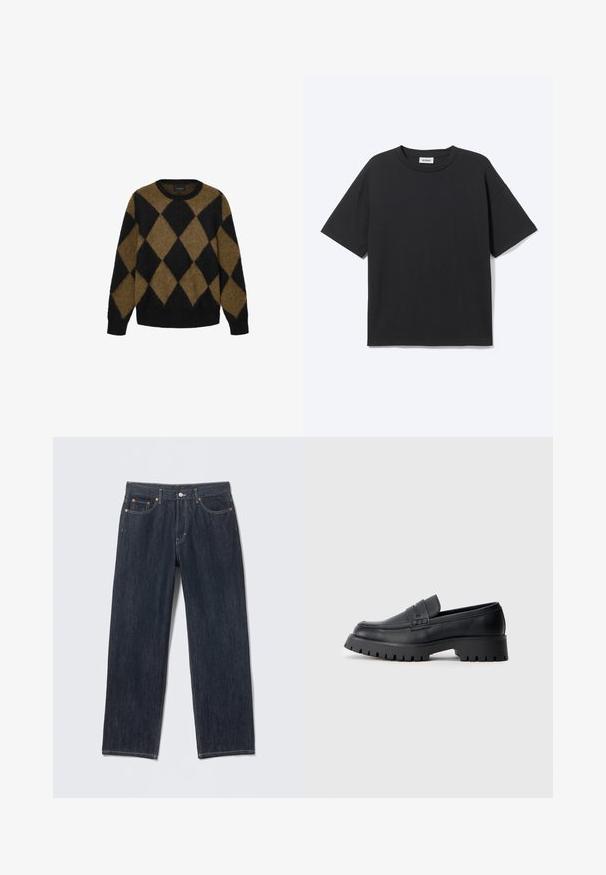 Sort og brun argyle-mønster cardigan lavet af fluffy strikmateriale. Rund halsudskæring og lange ærmer; blød tekstur med en afslappet pasform.; Sort T-shirt med korte ærmer og rund hals med afslappet pasform, forfra, ensfarvet design og synligt Weekday-mærke inde i kraven.; Mørkeblå denimjeans med en lige pasform, bæltestropper, for- og baglommer samt kontrasterende syninger. Ingen synlige mønstre eller pynt.; Sorte læder loafers med en rund tå, prydet med en dekorativ rem og en kraftig gummisål med dybe riller for grip.