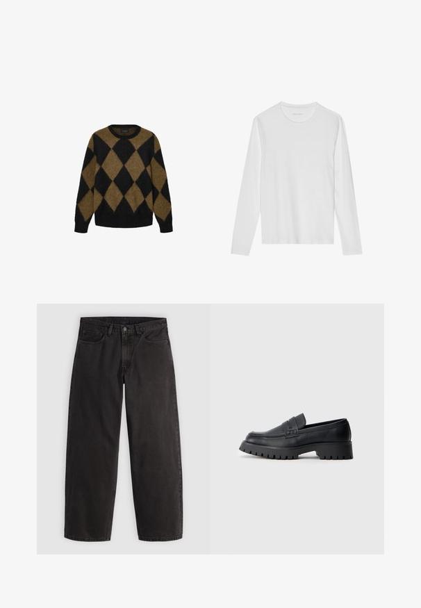 Sort og brun argyle-mønster cardigan lavet af fluffy strikmateriale. Rund halsudskæring og lange ærmer; blød tekstur med en afslappet pasform.; Langærmet hvid T-shirt lavet af blød bomuld, med rund halsudskæring og en glat tekstur uden synlige mønstre eller accenter.; Sorte denimjeans med lige ben, fem lommer og bæltestropper, vist fladt på en ensartet lys baggrund.; Sorte læder loafers med en rund tå, prydet med en dekorativ rem og en kraftig gummisål med dybe riller for grip.