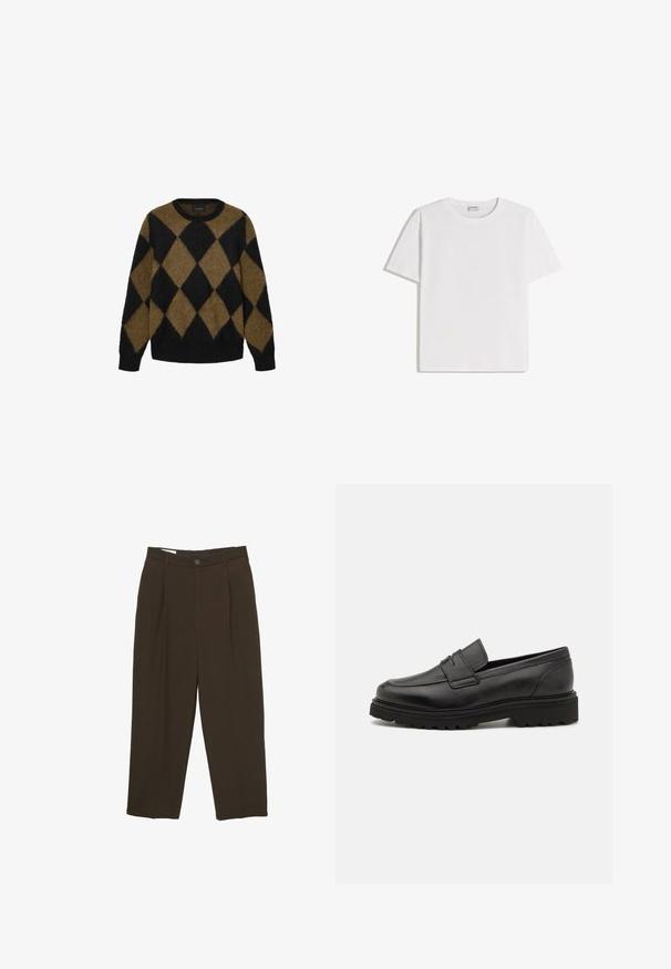 Sort og brun argyle-mønster cardigan lavet af fluffy strikmateriale. Rund halsudskæring og lange ærmer; blød tekstur med en afslappet pasform.; Hvid bomuld T-shirt med rund halsudskæring og korte ærmer. Har en klassisk, firkantet form uden synlige mønstre eller detaljer.; Mørkebrune skræddersyede bukser med frontfolder, bæltestropper og en knaplukning i taljen.; Sort læder loafersko med rund tå, syningsdetaljer og en tyk, struktureret sål. Har et elegant, minimalistisk design.