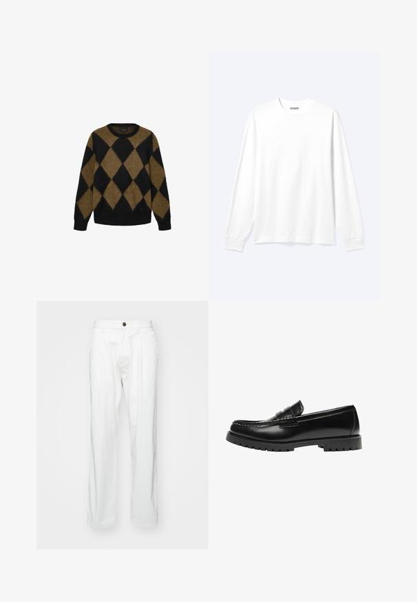 Sort og brun argyle-mønster cardigan lavet af fluffy strikmateriale. Rund halsudskæring og lange ærmer; blød tekstur med en afslappet pasform.; Langærmet plain hvid skjorte med rund hals og ribkantede manchetter, vist på en neutral lys baggrund.; Hvide bomuldsbukser med en afslappet pasform, der har knaplukning, to frontfoldninger og sidelommer. Glat tekstur, ingen mønstre.; Sort læderloafer med en kraftig gummisål og klassiske penny-strap detaljer, vist fra ydersiden.