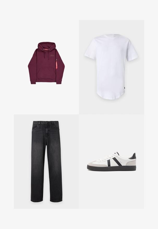 Mørkerød hættetrøje med forlomme, snøre i hætten og lille lynlåslomme på venstre ærme med rød mærkat fastgjort.; Hvid kortærmet t-shirt lavet af bomuld. Rund halsudskæring med en buet kant. Etiket synlig på nederste venstre side. Glat tekstur.; Mørkegrå denim jeans med lige ben, der har lynlås i gylpen, fem lommer og diskrete falmende detaljer på stoffet.; Hvide sneakers med sorte og grå detaljer, med en tekstureret grå tåhætte, sort gummisål og flade hvide snørebånd. Rent design, minimalistisk stil.