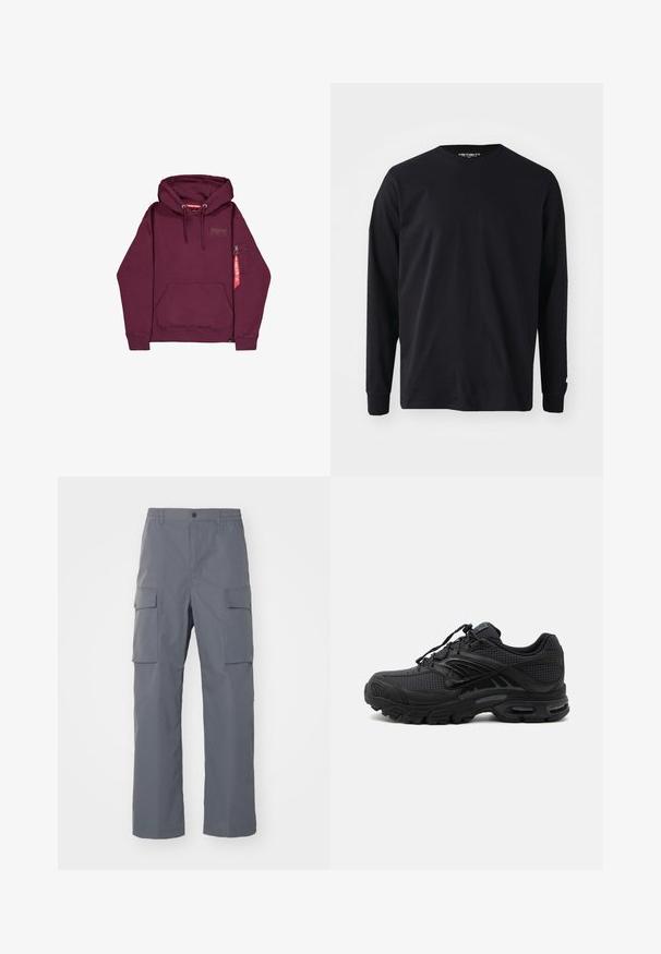 Donkerrode hoodie met voorzak, trekkoord in de capuchon en een klein ritsvak op de linkermouw met een rood label eraan bevestigd.; Zwart langarm t-shirt van katoen, met een ronde halslijn en rechte snit, voorzien van een klein logo detail op de mouw.; Grijze cargobroek van duurzaam materiaal. Kenmerken zijn een elastische tailleband, twee grote zijzakken en een rechte pijp.; Zwarte atletische sneaker met textuurstof, dikke gevoerde zool, luchtopeningen en vetersluiting, vanaf de zijkant weergegeven tegen een lichte achtergrond.