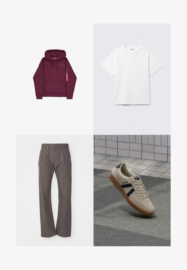 Dunkelrotes Kapuzensweatshirt mit Fronttasche, Kordelzug in der Kapuze und kleinem Reißverschlussfach am linken Ärmel mit rotem Etikett.; Weißes T-Shirt mit kurzen Ärmeln und Rundhalsausschnitt, flach liegend, schlichtes Design, mit „WEEKDAY“-Etikett innen im Kragen auf hellem Hintergrund.; Weekday SPACE RELAXED STRAIGHT - Stoffhose - dark mole; Beige Sneaker mit strukturierter Oberfläche, dunkelblauen Streifen und Gummisohle. Verfügt über eine gepolsterte Zunge und ein traditionelles Schnürsystem für einen sicheren Sitz.