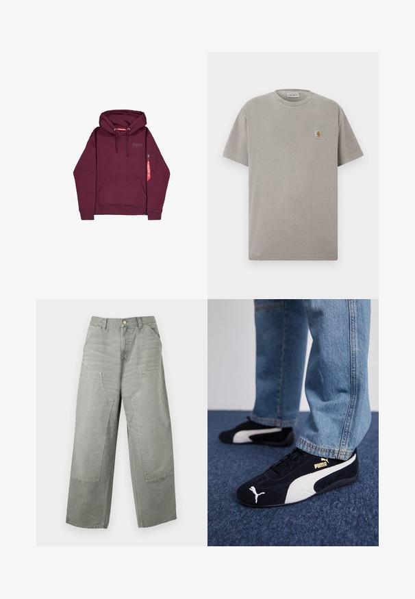 Dunkelrotes Kapuzensweatshirt mit Fronttasche, Kordelzug in der Kapuze und kleinem Reißverschlussfach am linken Ärmel mit rotem Etikett.; Graues Baumwoll-T-Shirt mit kurzen Ärmeln, Rundhalsausschnitt und einem kleinen quadratischen Logo-Patch auf der linken Brust. Glatte Textur und lockere Passform.; Locker sitzende, hoch taillierte graue Hose mit weitem Bein, großen aufgesetzten Taschen vorne, Gürtelschlaufen und Knopfverschluss.; Schwarze Wildledersneaker mit weißen Akzenten und einem goldenen Logo. Getragen mit hellblauen Jeans und auf einer strukturierten blauen Oberfläche platziert.