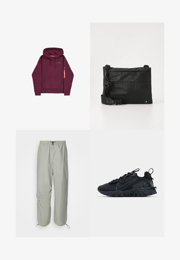 Alpha Industries Kapuzenpullover - dark cherry; Helle graue, leichte Hose mit einem elastischen Bund, verstellbarem Kordelzug und Seitentaschen. Sie zeichnet sich durch einen lockeren Schnitt und schmal zulaufende Bündchen aus.; Schwarzer Sportschuh mit atmungsaktivem Mesh-Obermaterial, strukturierten Akzenten und einer wellenförmigen Gummisohle. Verfügt über ein reflektierendes Logo und ein Schnürsystem.; Schwarze Nylon-Umhängetasche mit verstellbarem Riemen, flachem Design und seitlichem Etikett mit Logo. Glatte Textur und minimalistischer Stil.