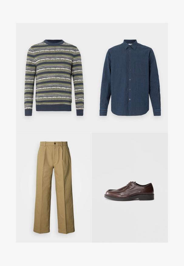 Pull en tricot vert, bleu marine et blanc avec des motifs à rayures horizontales et des designs géométriques. Col rond et poignets côtelés.; Chemise à manches longues avec des rayures verticales bleu foncé et clair, un col pointu, une poche poitrine et des poignets à boutons.; Pantalon large beige en coton, avec une fermeture à boutons, trois plis et des ourlets droits pour une coupe décontractée.; Chaussure habillée en cuir marron avec un bout arrondi, des accents de couture minimum, et une semelle noire robuste. Présente un système de laçage et une texture lisse.