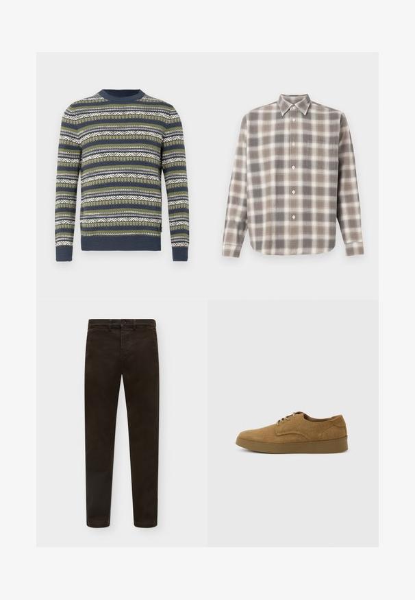 Pull en tricot vert, bleu marine et blanc avec des motifs à rayures horizontales et des designs géométriques. Col rond et poignets côtelés.; Chemise à manches longues à boutons avec un motif en plaid beige, gris et blanc, et une poche sur la poitrine, présentée à plat sur un fond blanc.; Pantalon marron foncé à coupe droite avec fermeture avant par bouton et zip, passants de ceinture et poches latérales, présenté à plat sur fond blanc.; Chaussure décontractée à lacets en daim marron avec semelle en caoutchouc plate, vue de côté sur un fond clair uni.