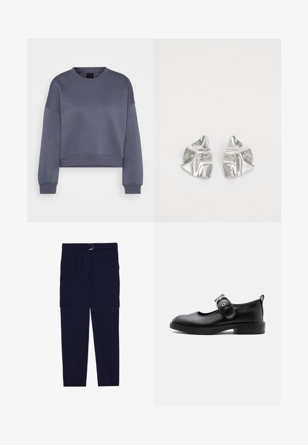 Donkergrijze langmouw cropped sweatshirt met ronde hals, voorzien van ribboord aan de mouwen en onderkant, weergegeven op een witte achtergrond.; Marine cargobroek met een riem met een zilveren ring, vier zakken en een tapered leg ontwerp, gemaakt van zachte, textuurstof.; Zwarte leren Mary Jane-schoen met dikke zool, afgeronde neus, zilveren gespsluiting en een treklus aan de achterkant.; Zilveren metalen oorbellen met een golvend, sculpturaal ontwerp, voorzien van een gepolijste afwerking en onregelmatige vormen, die een hedendaagse esthetiek benadrukken.
