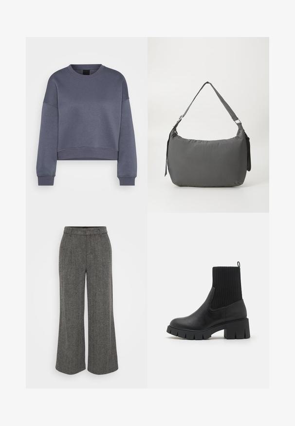 Tumehall pikkade varrukatega crewneck lõikega lühendatud särk, millel on soonikkoes mansetid ja ääred, esitatud valgel taustal.; Hallikas herringbone musteriga laiad püksid kitsaste paeltega, millel on volditud esiosa ja pehme, tekstuuriga kangas.; Mustad mustasaapad ribakudumisega ülemise osa, sileda nahast keha, plokknukk ja tugeva kummitald. Lihtne, kaasaegne disain.; Hall riidest õlavöökott, millel on kumer kuju, sile tekstuur, reguleeritav rihm ja peene reljeefne logo esiküljel.