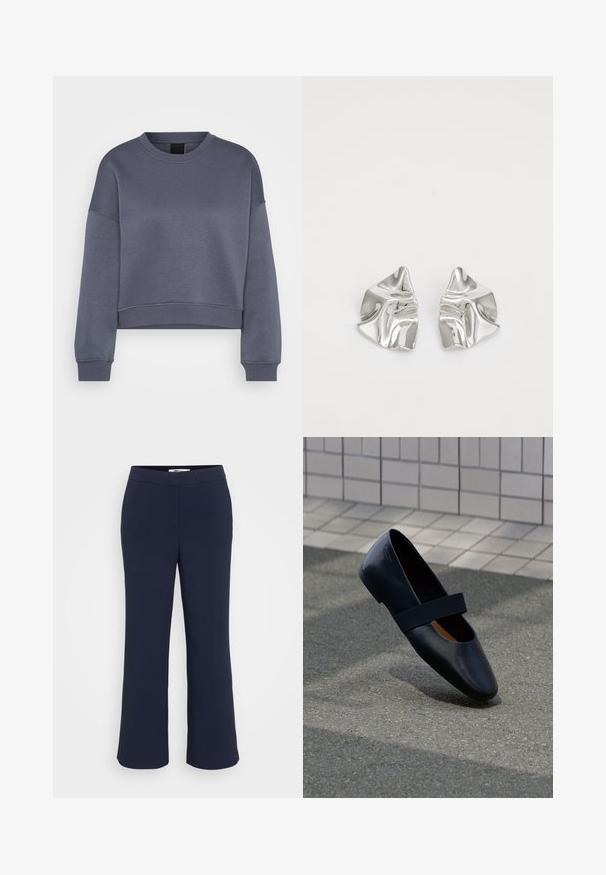 Tumehall pikkade varrukatega crewneck lõikega lühendatud särk, millel on soonikkoes mansetid ja ääred, esitatud valgel taustal.; Tumedat sinised laiendatud püksid siledast kangast, millel on tasaselg ja nähtavad õmblused või kaunistused puuduvad.; Must musta lamega nahkking, ümmarguse varbaga, millel on pehme must elastne rihm üle jala. Sile tekstuur ja minimaalne kujundus.; Hõbedased metallkõrvarõngad lainelise, skulpturaalse disainiga, millel on poleeritud viimistlus ja ebaregulaarsed kujundid, rõhutades kaasaegset esteetikat.