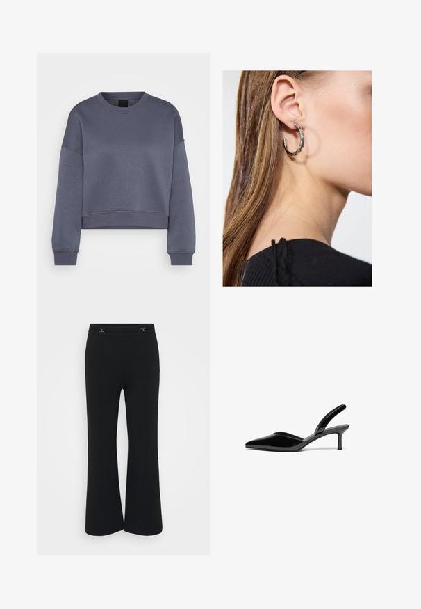 Donkergrijze langmouw cropped sweatshirt met ronde hals, voorzien van ribboord aan de mouwen en onderkant, weergegeven op een witte achtergrond.; Zwarte flared pants van zachte stof met een vlakke tailleband, voorzien van twee decoratieve zilveren accenten aan de voorkant, met een gladde textuur en zonder zakken.; Zwarte gepolijste leren slingback hakken met een puntige neus, een lage stiletto hak en een elegant, eenvoudig ontwerp zonder versieringen.; Zilveren oorbel met een gepolijste afwerking, met kleine gouden accentdetails en een ronde vorm, gedragen op de oorlel.