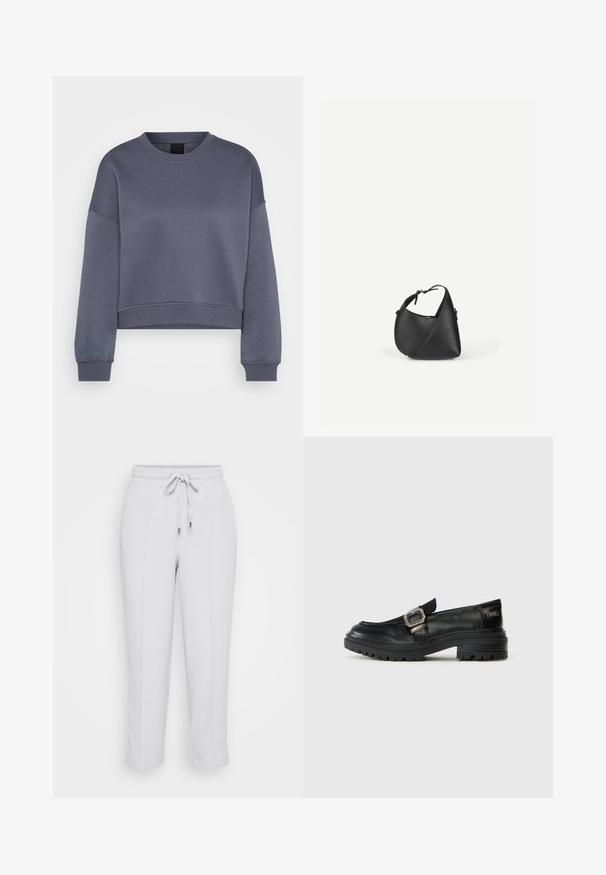 Tumehall pikkade varrukatega crewneck lõikega lühendatud särk, millel on soonikkoes mansetid ja ääred, esitatud valgel taustal.; Heledad hallid elastse vööga püksid, millel on reguleeritav tõmblukk, kaks küljetaskut ja kitsenev jalgade disain. Sile kangastekstsuur.; Mustad nahast loafers, millel on klambriga aksent, tekstuuriga tallaga ja ümmarguse varbaga. Kujundus on voolujooneline, kergelt tõstetud kontsaga.; Mustast nahast õlakott ümarate kolmnurksete vormidega ja reguleeritava rihmaga, ühel tasasel heledal taustal.