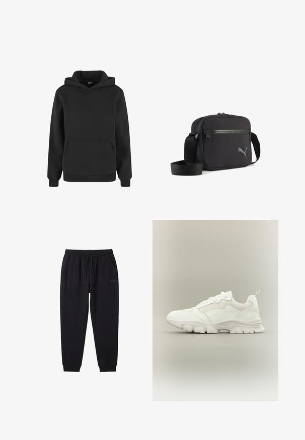 Sweat à capuche noir à manches longues, poche kangourou à l'avant, poignets côtelés, et design uni.; Pantalon de jogging noir avec ceinture élastique, cordon, poches latérales, chevilles resserrées et petit logo Champion sur la cuisse gauche.; Baskets blanches de sport avec tige en mesh et cuir, semelle épaisse et languette au talon, présentées de profil sur fond neutre.; Sac d'épaule en tissu noir de forme rectangulaire, doté d'une fermeture éclair, d'une surface texturée et d'un logo brodé gris sur un côté.