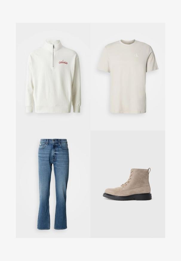 Sweatshirt léger crème avec un col montant, fermeture à demi-zip et logo "calvin" brodé en rouge sur la poitrine. Texture douce, coupe décontractée.; T-shirt beige en coton à manches courtes et col rond, avec petit logo "cK" blanc sur le côté gauche de la poitrine.; Jeans en denim bleu clair avec une coupe droite et une légère évasée. Comprend cinq poches, une fermeture à bouton et des détails de décoloration subtils.; Bottines en daim beige avec semelle en caoutchouc noir, design à lacets, et un petit logo embossé sur le côté, avec une languette à l'arrière.