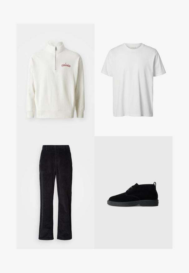 Lys creme farvet pullover sweatshirt med høj krave, halv-zip lukning og broderet rød "calvin" logo på brystet. Blød tekstur, afslappet pasform.; Enkelt hvid T-shirt med korte ærmer og rund hals, løs pasform og uden synlige logoer eller designs foran.; Fløjlsbukser i mørk sort med et lige ben-design, der har knaplukning, bæltestropper og sidelommer til funktionel brug.; Sorte ruskindsankelstøvler med rund tå, snørebåndsdesign, sort gummisål og en sløjfe bag på for nem påtagning.