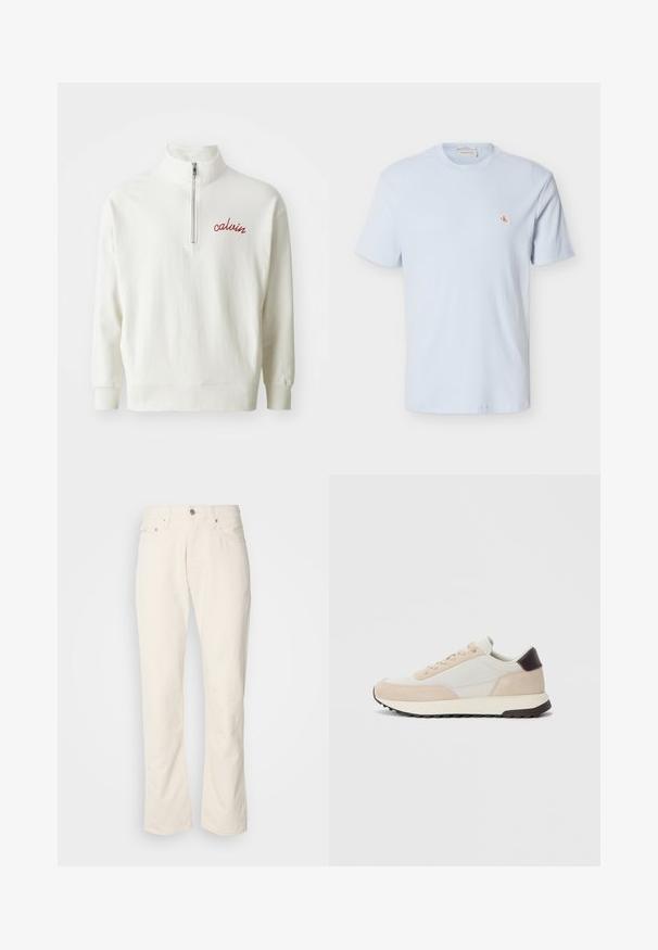 Lys creme farvet pullover sweatshirt med høj krave, halv-zip lukning og broderet rød "calvin" logo på brystet. Blød tekstur, afslappet pasform.; Lyseblå kortærmet waffle-strikket t-shirt med rund hals og lille rød "CK" logo på venstre bryst.; Beige bomuldsjeans med et klassisk lige ben-design, der har en forreste knaplukning, fem lommer og diskrete syninger.; Sko med en blanding af beige ruskind og lysegrå læder, en polstret krave, snørebåndsdesign og en struktureret gummisål.