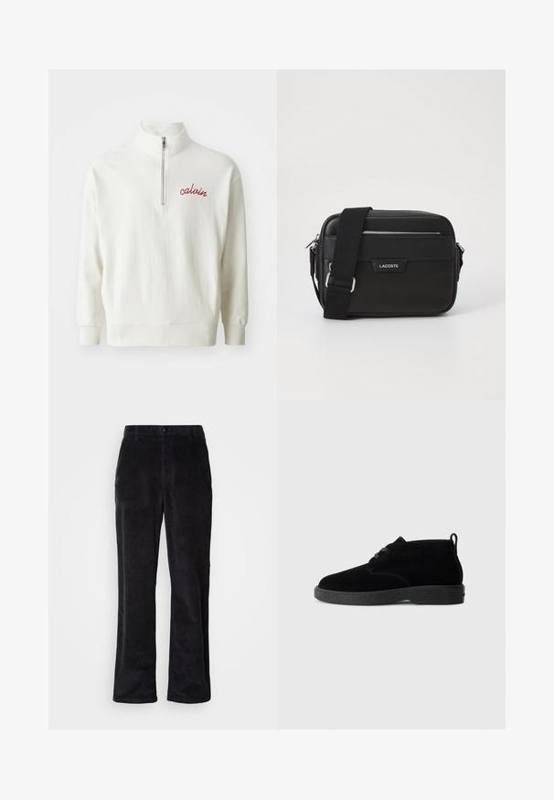 Sweatshirt léger crème avec un col montant, fermeture à demi-zip et logo "calvin" brodé en rouge sur la poitrine. Texture douce, coupe décontractée.; Pantalon en velours côtelé noir foncé avec une coupe droite, doté d'une fermeture à boutons, de passants pour ceinture et de poches latérales pour un port fonctionnel.; Bottines en suédine noire à bout rond, à lacets, avec une semelle en caoutchouc noire et une languette à l'arrière pour un enfilage facile.; Sac messenger noir en matériau synthétique texturé, quincaillerie argentée, bandoulière réglable, avec plaque logo à l'avant et fermeture éclair.