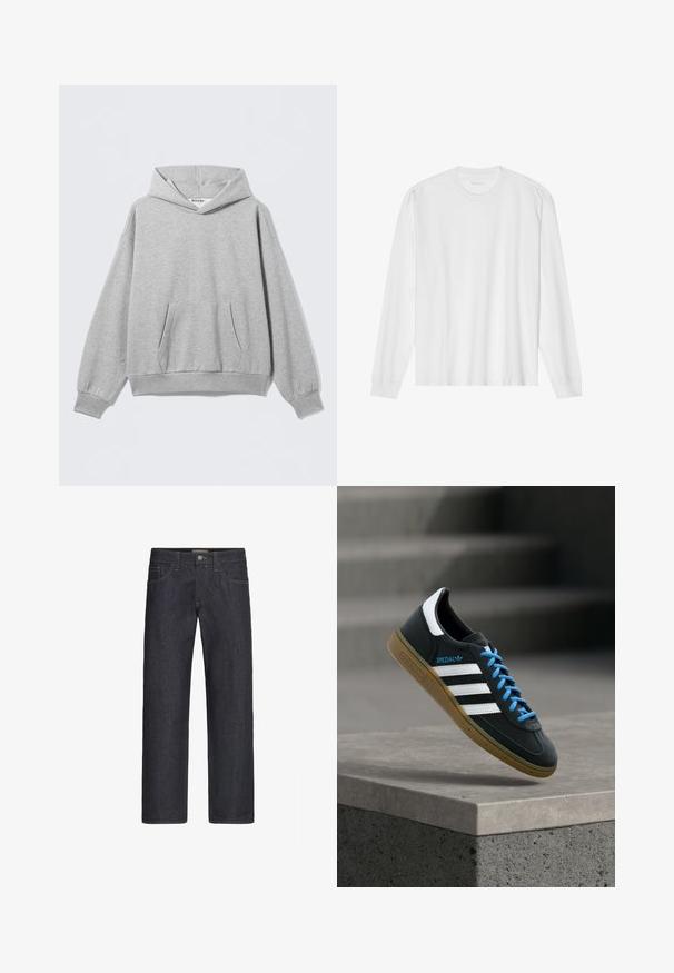 Sweat à capuche gris clair en tissu doux, avec une poche avant, des poignets côtelés et une coupe décontractée avec une étiquette au niveau du col.; T-shirt blanc en coton à manches longues avec col rond, doté de poignets côtelés et d'un ourlet droit, texture lisse et design minimaliste.; Jean droit en denim bleu foncé avec bouton à l'avant, braguette zippée, passants pour ceinture, et poches à l'avant et à l'arrière.; Baskets Adidas noires avec des rayures blanches, des lacets bleus et une semelle en gomme flottant au-dessus d'une marche en béton grise sous une lumière douce.