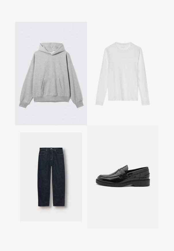 Sweat à capuche gris clair en tissu doux, avec une poche avant, des poignets côtelés et une coupe décontractée avec une étiquette au niveau du col.; T-shirt blanc à manches longues en coton doux, avec un col rond et une texture lisse sans motifs ni accents visibles.; Jean en denim bleu foncé à coupe ample, avec cinq poches et des coutures en contraste. Fermeture à bouton et à fermeture éclair. Texture lisse.; Mocassins en cuir noir avec une finition lisse, un bout rond, un petit talon et descoutures décoratives à l'avant. Semelle en caoutchouc pour l'adhérence.