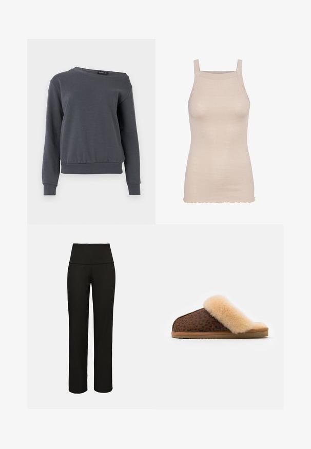 Grå sweatshirt lavet af blødt materiale, med rund hals, lange ærmer og en let indsnævret kant med ribbede manchetter og talje.; Seamless Basic DAZE - Top - rosie beige; Sorte ribstrikkede bukser med en bred, høj talje. Skræddersyet, med lige ben og en tekstureret finish, som giver en behagelig pasform.; Leopardmønstret tøfler med en overdel i brun ruskind og en fluffy sandfarvet shearlingrem. Blød sål for komfort. Simpelt åbent tå-design.