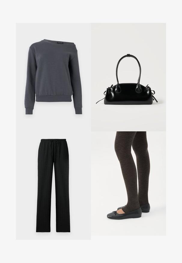 Grijze sweatshirt gemaakt van zacht materiaal, met een ronde hals, lange mouwen en een iets verkorte zoom met geribbelde manchetten en tailleband.; Zwarte, textuurvolle, wijde broek met een elastische tailleband en verstelbare trekkoord; ontworpen voor comfort en een ontspannen pasvorm.; Benen met donkere geribbelde leggings gecombineerd met zwarte ballerina's met kleine strikdetails op een witte achtergrond.; Kleine zwarte glanzende handtas met twee lange hengsels en zijkant trekkoord details op een effen lichte achtergrond.