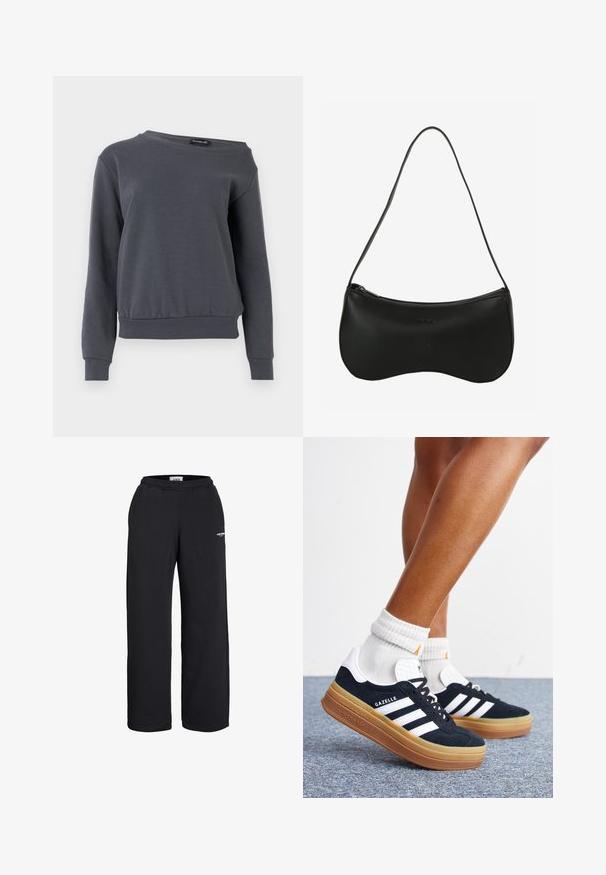 Grijze sweatshirt gemaakt van zacht materiaal, met een ronde hals, lange mouwen en een iets verkorte zoom met geribbelde manchetten en tailleband.; Zwarte sweatpants met rechte pijpen, elastische tailleband en een klein wit logo op de bovenkant van het bovenbeen, ontworpen voor vrijetijdskleding.; Ben met witte sokken en zwarte Adidas Gazelle sneakers met witte strepen en dikke bruine zolen op een grijs tapijt.; Zwarte leren schoudertas met een gebogen vorm, ritssluiting en een enkele dunne band; gladde textuur en subtiel geperst logo.