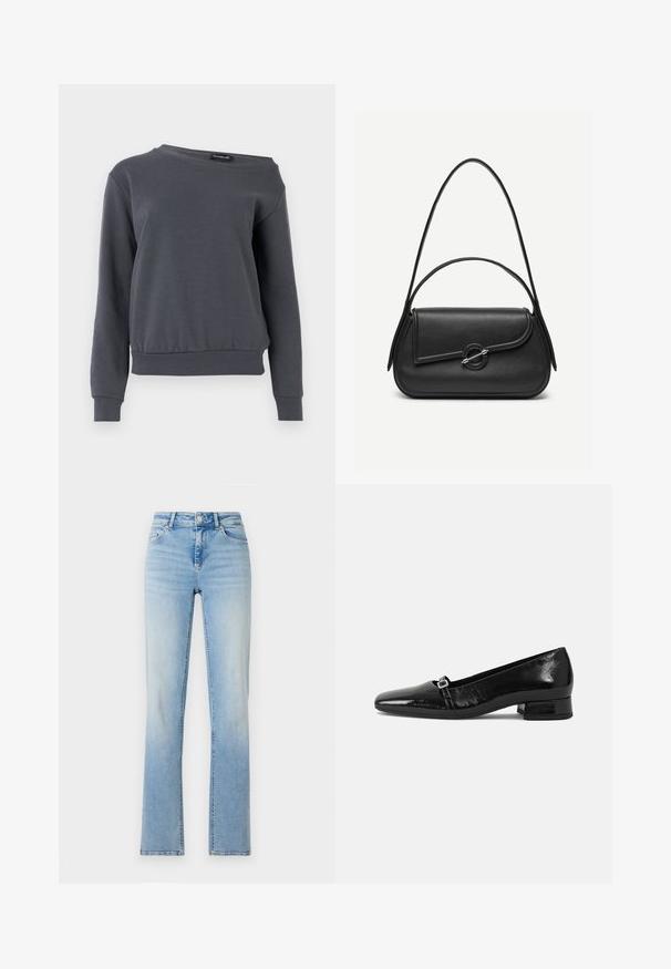 Grijze sweatshirt gemaakt van zacht materiaal, met een ronde hals, lange mouwen en een iets verkorte zoom met geribbelde manchetten en tailleband.; Lichtblauwe denim jeans met een hoge taille, rechte pijpen en subtiele vervaging. Voorzien van vijf zakken en riemlussen.; Zwarte laarzen van gepatenteerd leer met een puntige neus, een lage vierkante hak en een kleine metalen gespdetail op de band. Gladde textuur.; Zwarte leren handtas met afgeronde hoeken, asymmetrische klep, metalen ronde sluiting en zowel korte als lange schouderriemen.