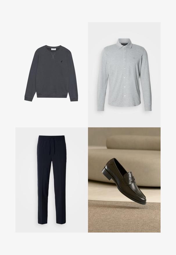 Dunkelgrauer Sweatshirt, Baumwollmaterial, Rundhalsausschnitt, lange Ärmel, mit X-Nähten am Ausschnitt, kleines Logo auf der linken Brust.; Langärmliges graues Poloshirt aus weicher Baumwolle mit knöpfbarem Vorderteil, spitzem Kragen und dezentem Logo auf der Brust.; Marineblaue, leichte Hose mit einem elastischen Bund und verstellbarem Kordelzug, ausgestattet mit einem geraden Schnitt und glatter Textur.; Schwarzer Leder-Slipper, der über einem beigen Teppich schwebt, mit einem beigen Sofa im Hintergrund, und zeigt das klassische Herren-Design zum Hineinschlüpfen.