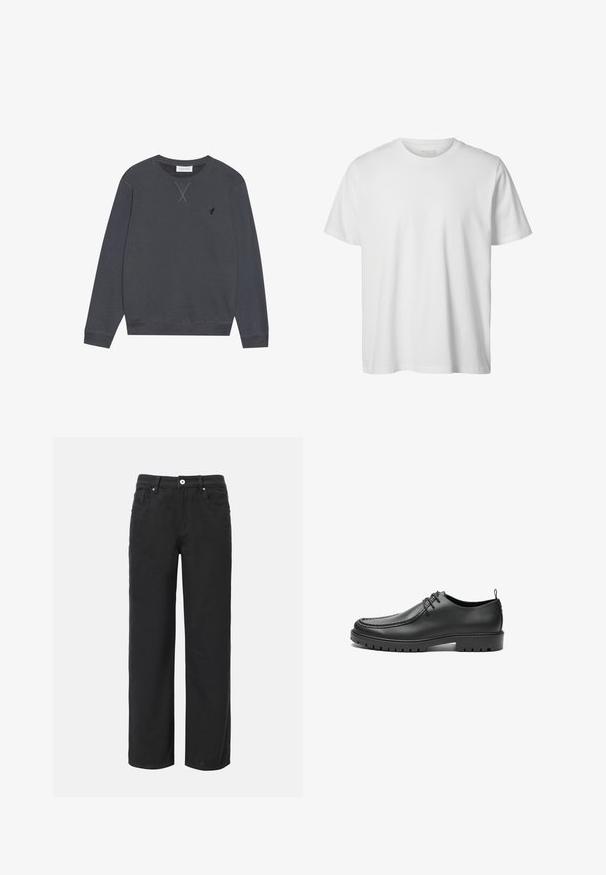 Sweatshirt gris foncé, en coton, col rond, manches longues, avec un détail de couture en X au niveau du col, petit logo sur la poitrine gauche.; T-shirt blanc uni à manches courtes, col rond, coupe décontractée, sans logos ni motifs visibles à l'avant.; Pantalons larges noirs en coton avec quatre poches, fermeture à bouton à l'avant et un design en denim classique. Texture lisse, sans motifs visibles.; Chaussures en cuir noir avec une finition lisse, bout arrondi et coutures décoratives. Elles possèdent une semelle en caoutchouc avec des rainures de traction et un laçage.