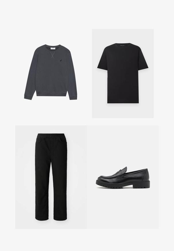 Sweatshirt gris foncé, en coton, col rond, manches longues, avec un détail de couture en X au niveau du col, petit logo sur la poitrine gauche.; T-shirt noir à manches courtes et col rond avec un design uni, présenté à plat sur un fond gris clair.; Pantalons en coton noir avec une coupe décontractée, taille élastique, deux poches avant et jambes droites. Texture lisse sans motifs visibles.; Mocassins en cuir noir avec un bout arrondi, un design à enfiler et une semelle en caoutchouc épaisse avec une texture antidérapante. Talon surélevé et détails de surpiqûre subtils.
