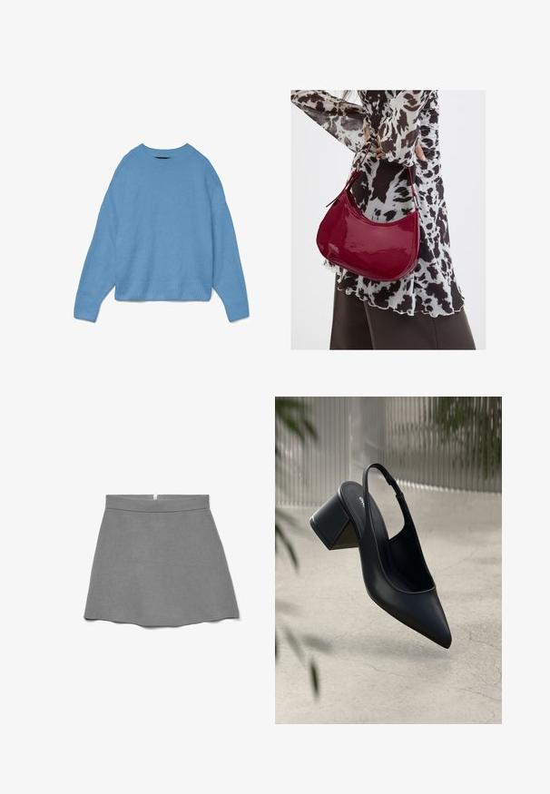 Lichtblauwe gebreide trui met een ronde halslijn, een drop shoulder ontwerp en geribbelde manchetten en onderrand. Zachte textuur, ontspannen pasvorm.; Grijze rok van zachte stof, met een hoge taille, uitlopende vorm en een verborgen rits aan de achterkant.; Zwarte leren slingback hak met een spitse neus en een blokhak. Glad oppervlak, minimalistisch ontwerp en verstelbare enkelband.; Vrouw met een zwart-wit gebloemde blouse houdt een glanzende rode schoudertas vast tegen een effen achtergrond.