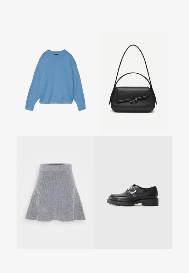 Lyseblå strikket sweater med rund halsudskæring, drop shoulder design og ribstrikkede manchetter og søm. Blød tekstur, afslappet pasform.; Grå, plissert nederdel lavet af blød stof. Har en høj talje og en udvidet form, med en glat tekstur og en subtil meleret mønster.; Sorte lædersko med en rund tå, der har en sidebuckle-detalje og en tyk, robust sål. Glat tekstur med minimal syning.; Sort læderhåndtaske med afrundede kanter, asymmetrisk klap, metalcirkulært spænde samt både korte og lange skulderstropper.