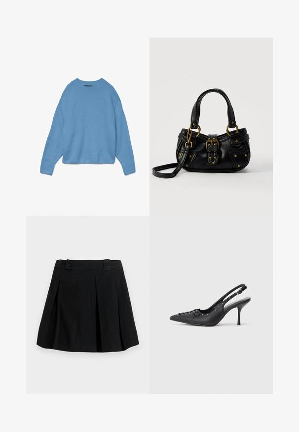 Lyseblå strikket sweater med rund halsudskæring, drop shoulder design og ribstrikkede manchetter og søm. Blød tekstur, afslappet pasform.; Sort plisseret nederdel med taljebånd og knapdetalje, knælængde, lavet af glat stof, vist på en ensfarvet lys baggrund.; Sorte læder slingback stiletto med spids tå, side spændebånd, nitter langs kanten og dekorativ snøring foran.; Sort læderhåndtaske med guldbælge og nitdetaljer, korte håndtag og en justerbar skulderrem på en ensfarvet hvid baggrund.