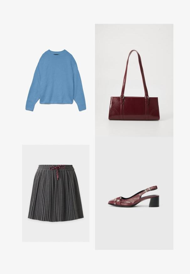 Lyseblå strikket sweater med rund halsudskæring, drop shoulder design og ribstrikkede manchetter og søm. Blød tekstur, afslappet pasform.; Mørkegrå plisseret nederdel med elastik i taljen og en bundet vinrød snor foran i midten.; Bordeauxfarvet læderslippersko med rund tå, buet design, sølvhardwaredetaljer og blokhæl. Tekstureret finish.; Bordeaux håndtaske lavet af glansfuldt materiale, rektangulær form, med to skulderremme og subtile buede detaljer på forsiden.