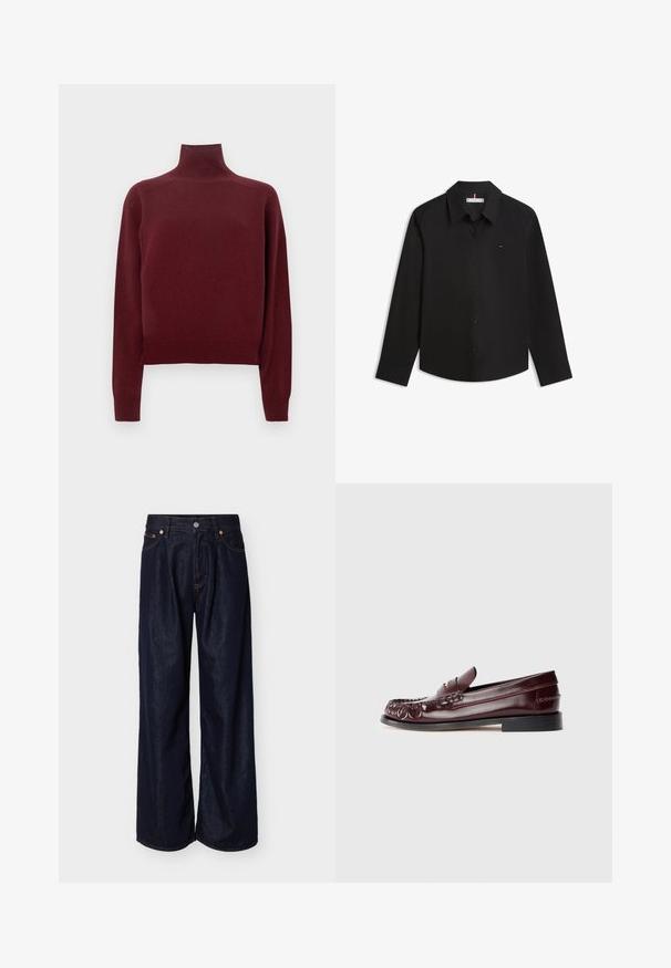 Pull à col roulé bordeaux avec manches longues, texture en maille et détails côtelés aux poignets et à l'ourlet. Coupe classique et ajustée.; Chemise noire à manches longues avec col et petit logo sur le côté gauche de la poitrine, affichée à plat sur un fond blanc.; Jean en denim bleu foncé à jambes larges avec bouton sur le devant et design à cinq poches sur un fond clair uni.; Mocassin penny en cuir bordeaux avec semelle noire et détail en métal doré sur le dessus, présenté en vue latérale sur fond blanc.