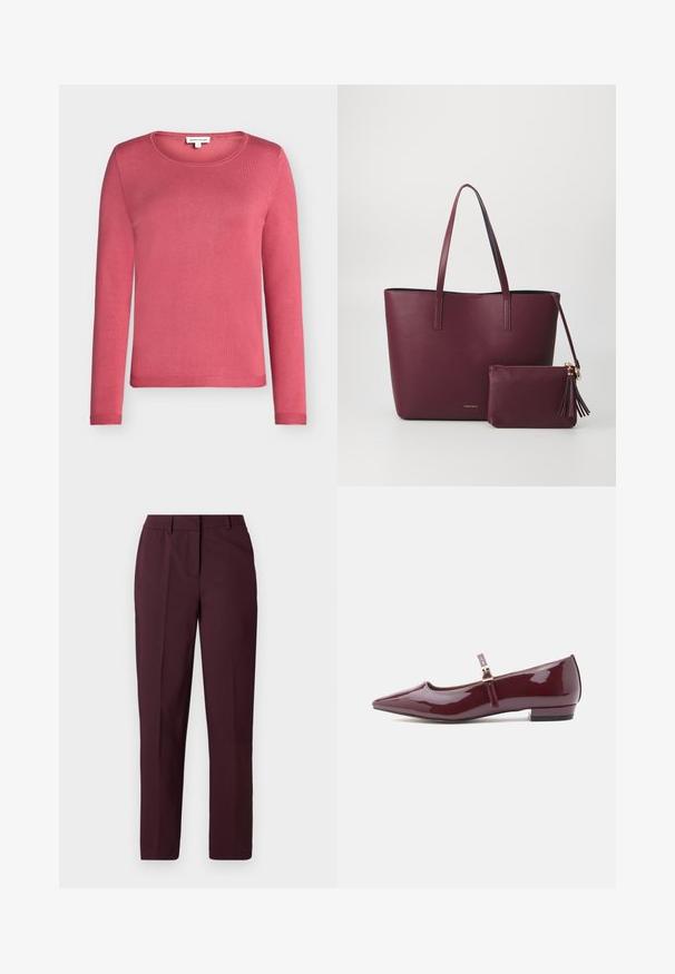 Pull à manches longues, col rond en rose uni, fabriqué dans un tissu tricoté doux avec une texture lisse. Dispose de poignets et d'un ourlet côtelé.; Pantalon droit bordeaux avec une texture lisse, présentant un devant plat et sans poches visibles. Coupe ajustée avec une coupe classique.; Ballerines vernies bordeaux avec un bout pointu, un talon plat et une bride avec un petit détail de boucle.; Sac fourre-tout en cuir vegan bordeaux avec deux poignées robustes, comprenant une pochette zippée assortie avec un accent de breloque. Fini lisse et texturé.