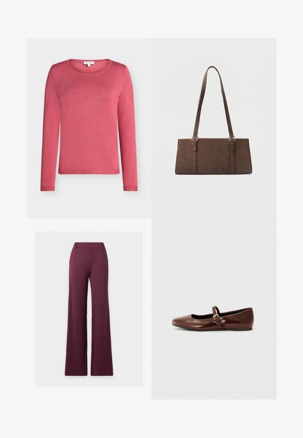 Pull à manches longues, col rond en rose uni, fabriqué dans un tissu tricoté doux avec une texture lisse. Dispose de poignets et d'un ourlet côtelé.; Pantalon large taille haute pour femme en bordeaux foncé avec passants de ceinture et sans poches visibles.; Ballerine en cuir verni marron avec un bout carré et une lanière ornée d'une petite boucle dorée. Texture lisse, talon bas et design minimaliste.; Sac à bandoulière rectangulaire marron avec longues sangles et détails de couture minimalistes sur un fond uni.