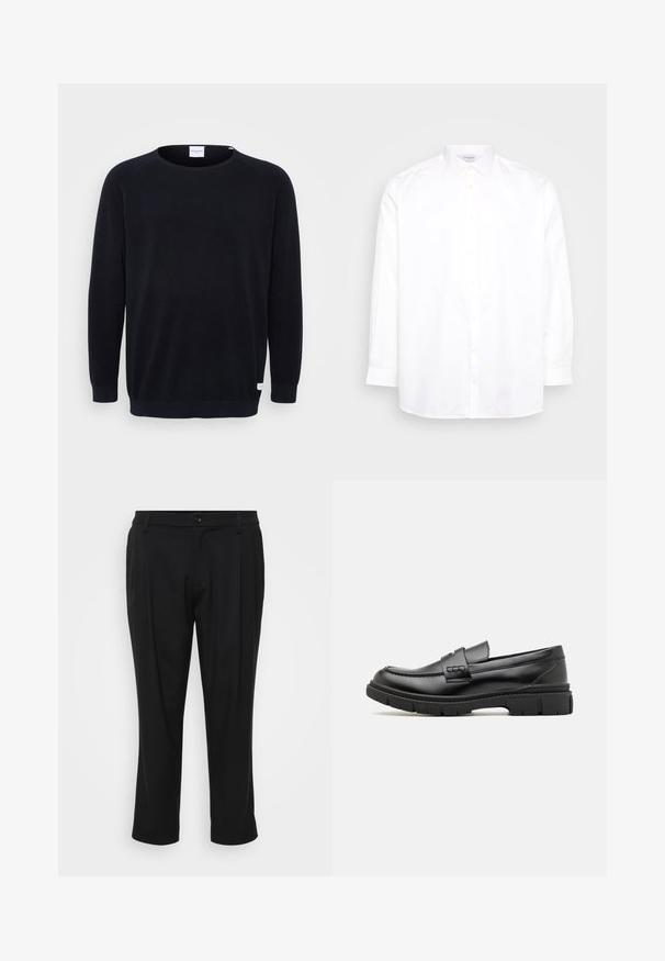 Sort strikket sweater med rund halsudskæring og lange raglanærmer. Har ribbede manchetter og kant, tekstureret stof og et lille mærke ved kanten.; Hvid langærmet skjorte med knapper lavet af bomuld. Har en spids krave og seks knapper fortil. Glat tekstur, normal pasform.; Sorte skræddersyede bukser med lige bendesign. Fremstillet af et glat stof, med knaplukning og to forlommer.; Sort læder loafersko med en bred rem over forfoden, gummisål med tykke mønstre og glat overflade. Klassisk, slankt design.